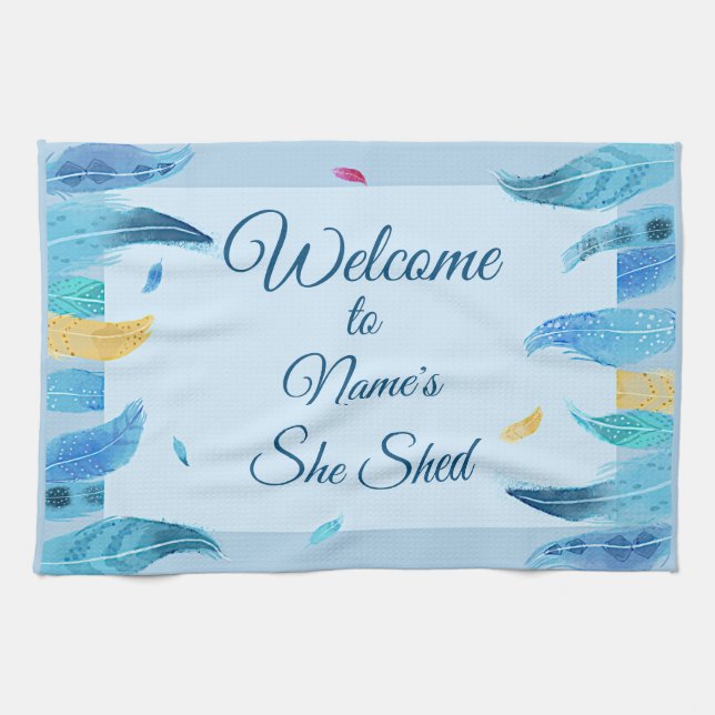 Add Name Edit Text She Shed Boho Blue Feathers     Kitchen Towel (Horizontal)