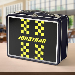 Add Name Editable Colours Double Chequered Stripes Metal Lunch Box