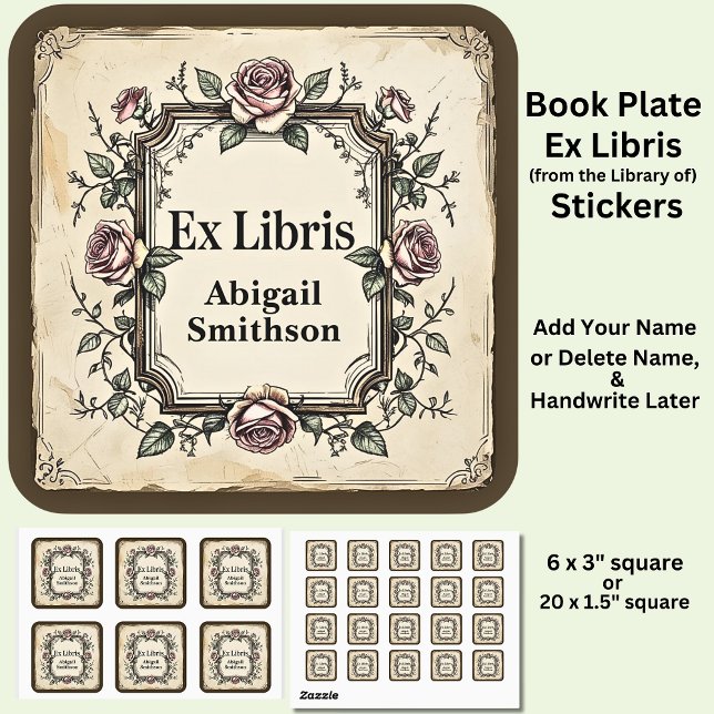 Add Name Ex Libris Vintage Book  Square Sticker (Creator Uploaded)