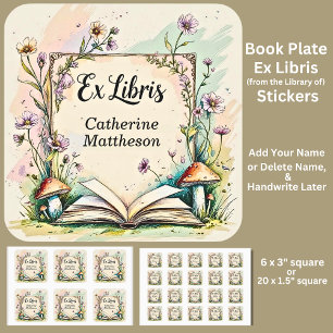 Add Name Ex Libris Watercolor Cottagecore Square Sticker