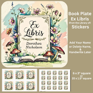 Add Name Ex Libris Watercolor Cottagecore Square Sticker