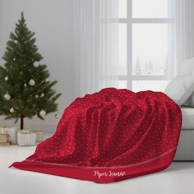 Add Name Festive Red Pink Polka Dot Christmas Fleece Blanket (Creator Uploaded)