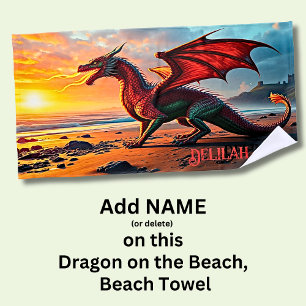 Add Name,  Fire Breathing Dragon on the Beach,  Beach Towel