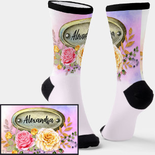 Add Name, Floral Roses with Nameplate Plinth Socks