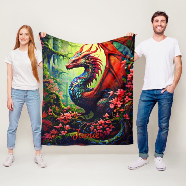 Add Name, Flower Dragon With Red Wings Fleece Blanket (In Situ)