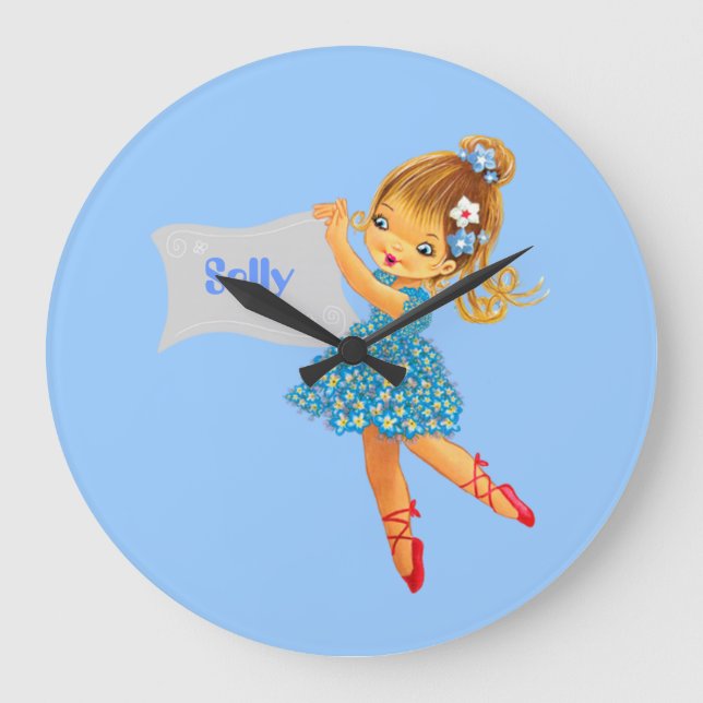 Add name Flower Fairy clock, girly pretty blue Large Clock (Front)