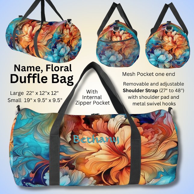 Add Name Flowers Aqua & Gold Floral Abstract Duffle Bag (Creator Uploaded)