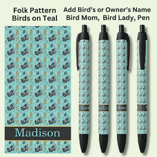 Add Name, Folk Pattern Black Birds on Teal Green, Ink Pen