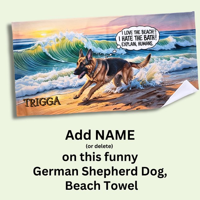 Add Name, German Shepherd Dog Running in Waves  Beach Towel (Creator Uploaded)