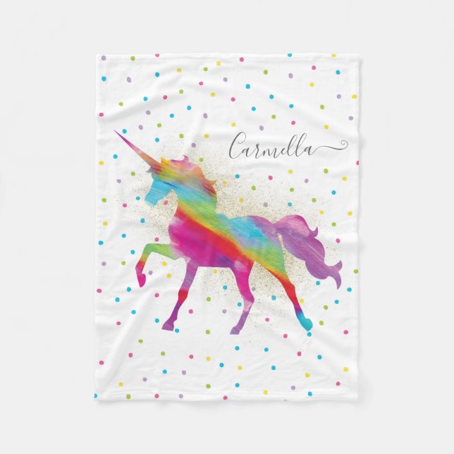 Add Name - Gold Glitter Rainbow Unicorn Fleece Blanket (Front)