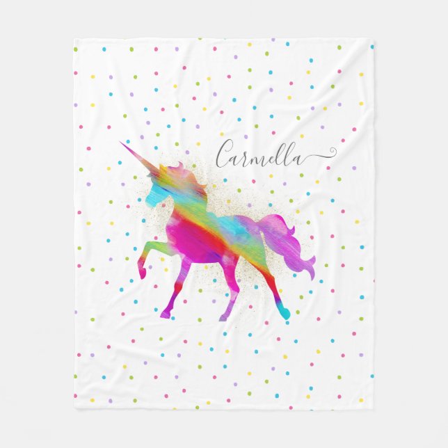 Add Name Gold Glitter Rainbow Unicorn Medium/Large Fleece Blanket (Front)