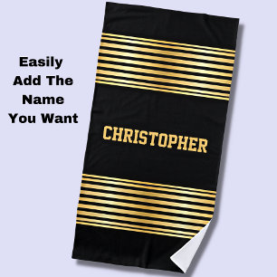 Add Name, Gold Stripes on Black Beach Towel
