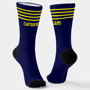 Add Name Gold Stripes on Navy Blue Socks
