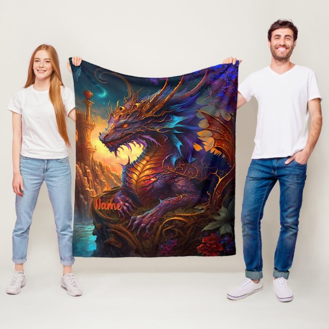 Add Name, Golden Red & Blue Iridescent Dragon Fleece Blanket (In Situ)
