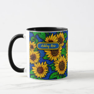 Add Name Golden Sunflowers & Leaves on Dark Blue Mug