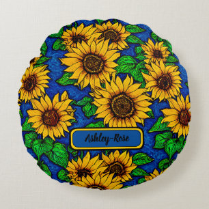 Add Name Golden Sunflowers & Leaves on Dark Blue   Round Pillow
