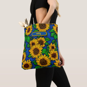 Add Name Golden Sunflowers & Leaves on Dark Blue  Tote Bag