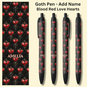 Add Name, Goth Gothic Blood Red Valentines Hearts Black Ink Pen