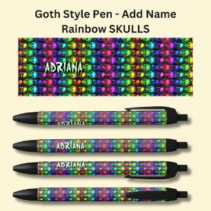 Add Name, Goth Gothic Rainbows Skulls on Black Ink Pen