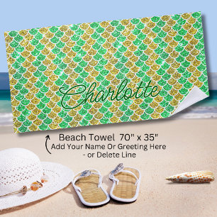 Add Name Green & Gold Mermaid Scales Beach Towel