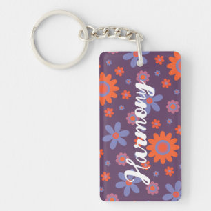 Add Name Happy Retro Flowers 70s Daisy Funny Cute Keychain
