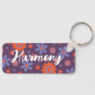Add Name Happy Retro Flowers 70s Daisy Funny Cute Keychain