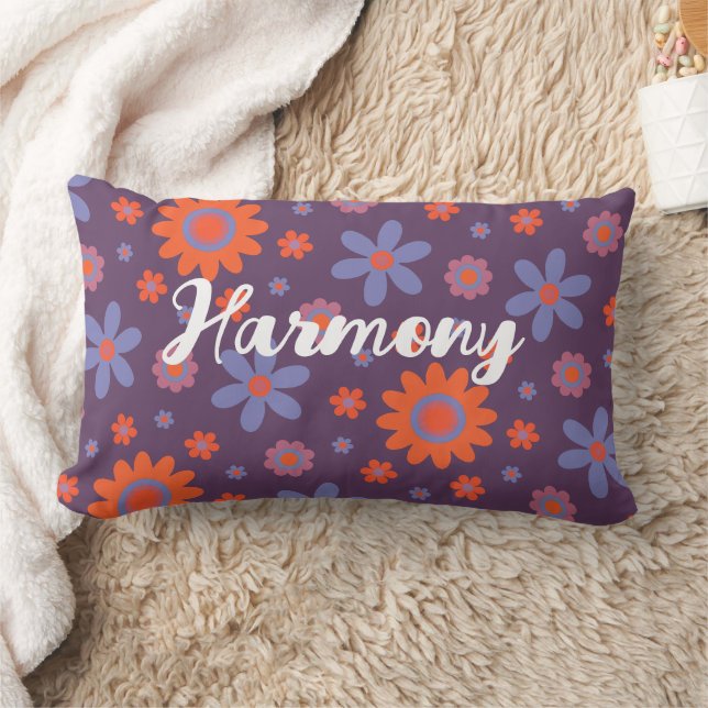 Add Name Happy Retro Flowers 70s Daisy Funny Cute Lumbar Pillow (Blanket)
