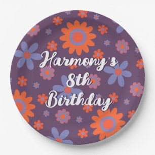 Add Name Happy Retro Flowers 70s Daisy Funny Cute Paper Plate