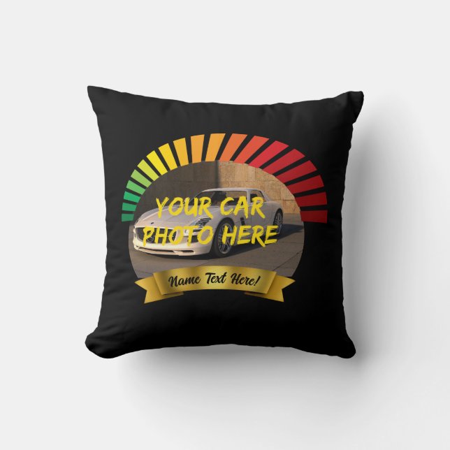 Add Name & His Car Photo, with Banner Speedo Icon  Throw Pillow (Front)