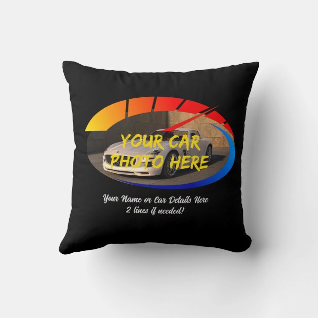 Add Name & His Car Photo, with Speedo Icon Throw Pillow (Back)