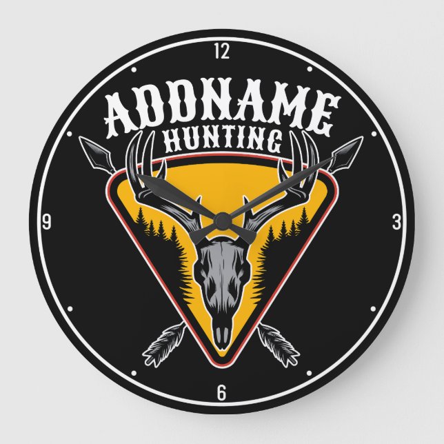 ADD NAME Hunter Elk Skull Big Antlers Deer Hunting Large Clock (Front)