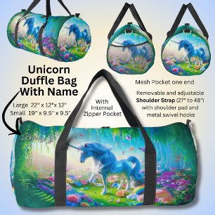 Add Name Initial, Aqua Blue Unicorn on Green Duffle Bag