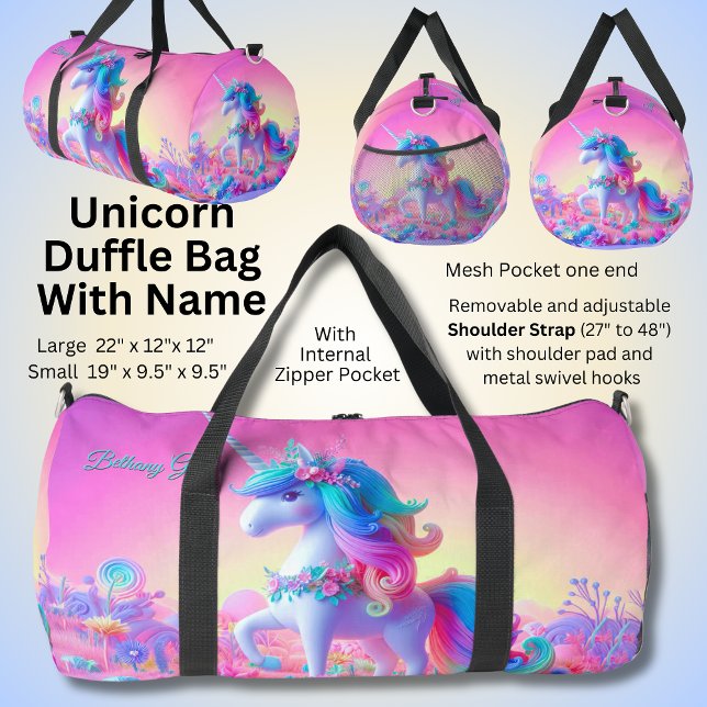 Add Name Initial, Pink & Aqua Unicorn Duffle Bag (Creator Uploaded)