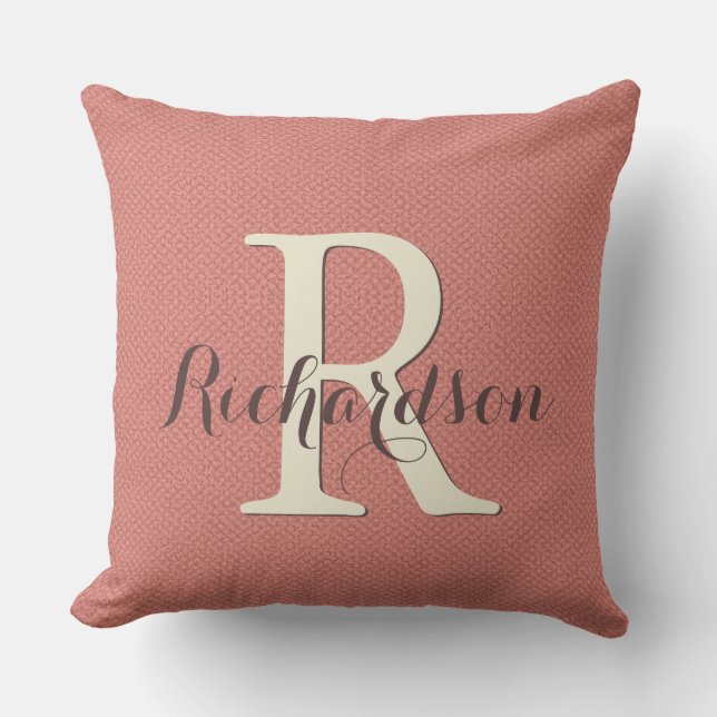 Add Name & Initial to Modern Coral & Brown Granite Throw Pillow (Front)