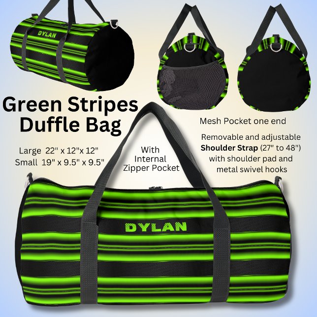 Add Name Initials Green Stripe Black Textured Look Duffle Bag (Creator Uploaded)