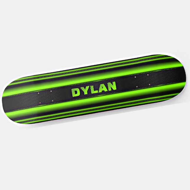 Add Name Initials Green Stripe Black Textured Look Skateboard (Creator Uploaded)