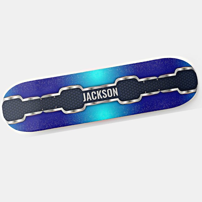 Add Name Initials, Metallic Black Shine Blue Frame Skateboard (Creator Uploaded)