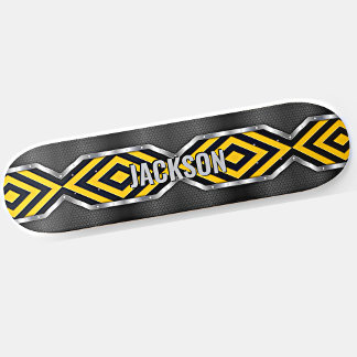 Add Name Initials, Metallic Silver Yellow Black Skateboard