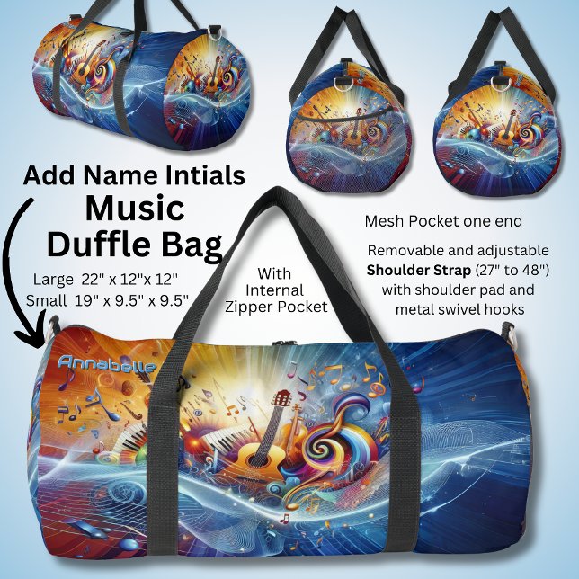 Add Name, Initials, Music Notes Explosion Abstract Duffle Bag (Creator Uploaded)