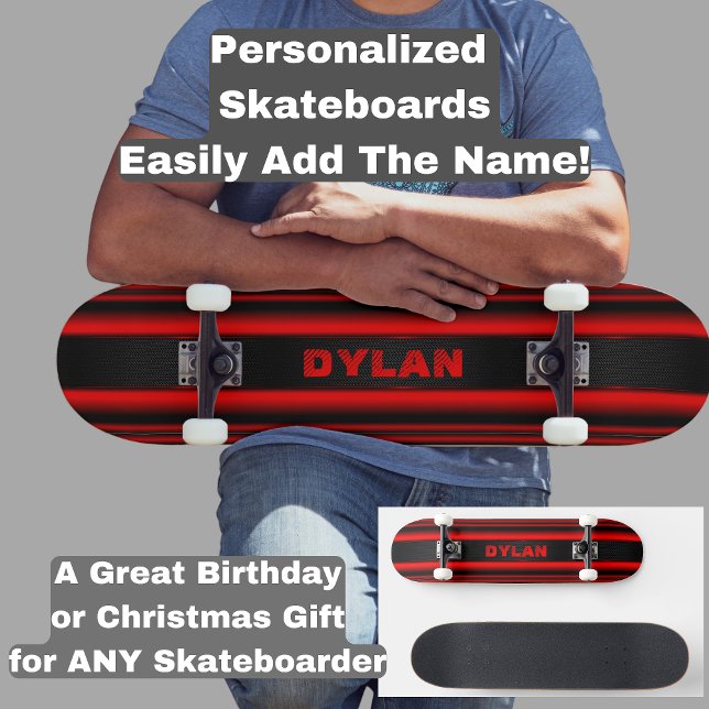 Add Name Initials Red Stripes Black Textured Look Skateboard (Creator Uploaded)
