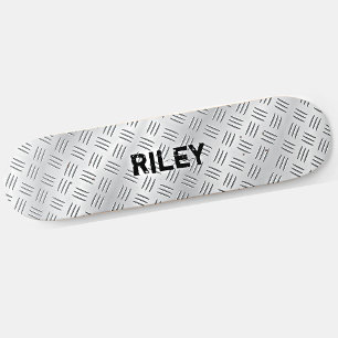 Add Name Initials Silver Grey Steel Chequered Plat Skateboard