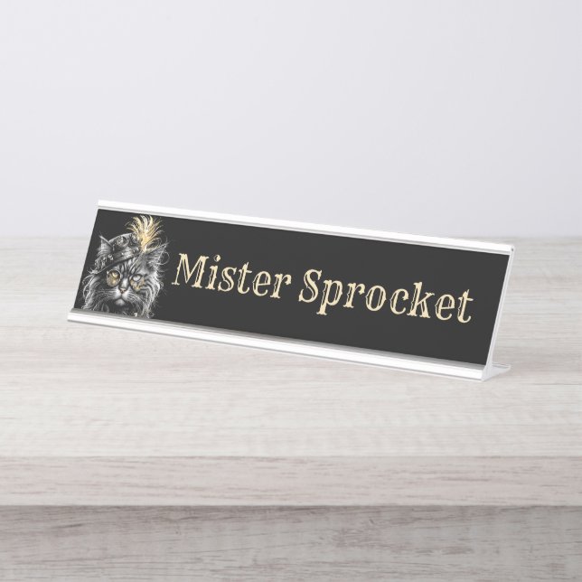 Add Name like Mister Sprocket Steampunk Cat  Desk Name Plate (Front)