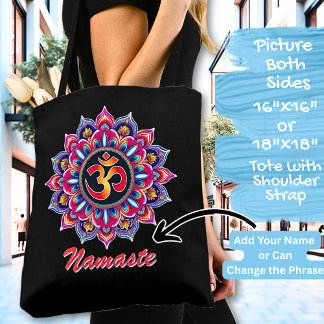 Add Name,, Mandala with OM symbol on a Black Tote Bag