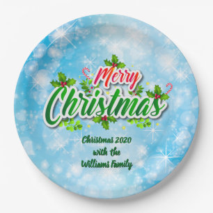 Add Name Matching Merry Christmas Blue 9" Paper Plate