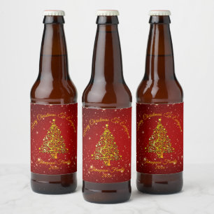 Add Name Matching Set Christmas Red Gold Tree Star Beer Bottle Label