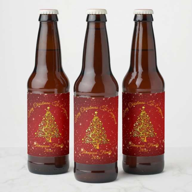Add Name Matching Set Christmas Red Gold Tree Star Beer Bottle Label (Bottles)