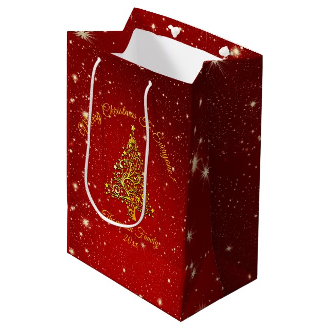 Add Name Matching Set Christmas Red Gold Tree Star Medium Gift Bag (Front Angled)