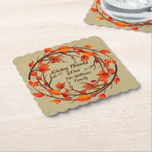 Add Name Matching Thanksgiving Autumn Scalloped Sq Paper Coaster