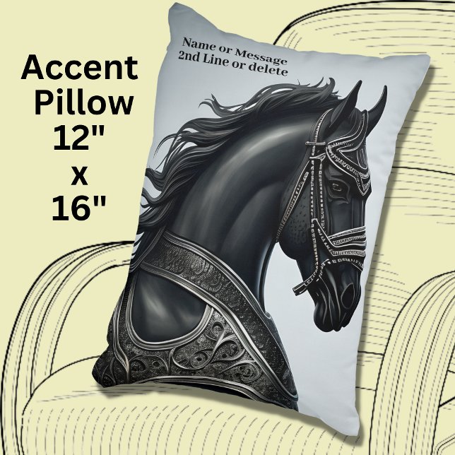 Add Name Message, Strong Black Horse with Armour Accent Pillow (Creator Uploaded)