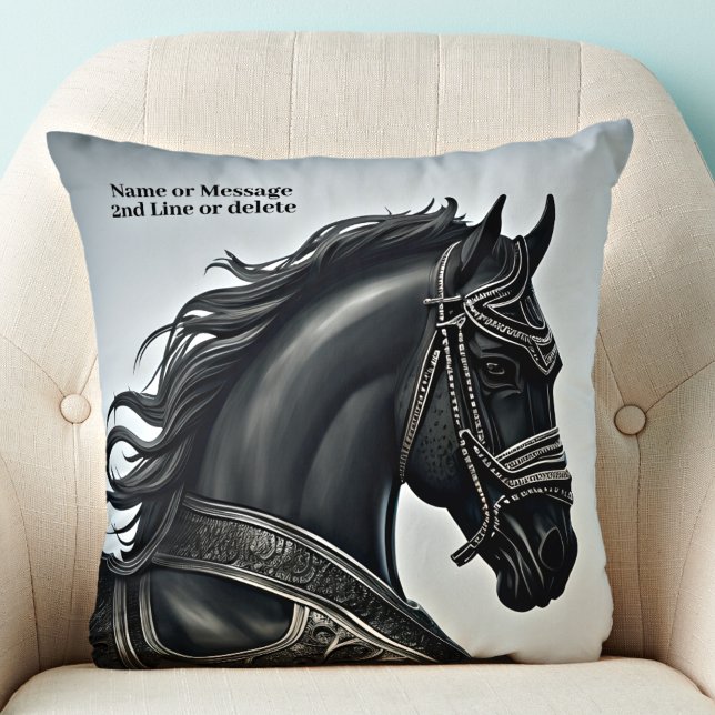 Add Name Message, Strong Black Horse with Armour  Throw Pillow (Creator Uploaded)